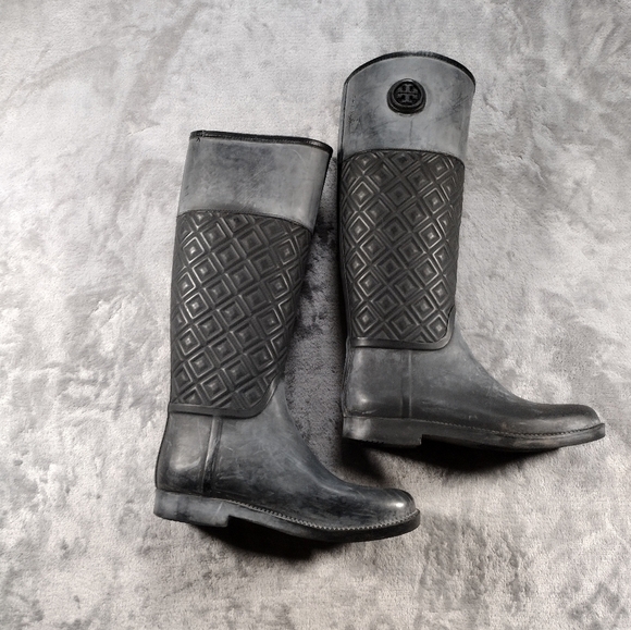 Tory Burch Marion Tall Quilted Rain Boots Riding Boots BLACK SIZE 8 B - Picture 1 of 11